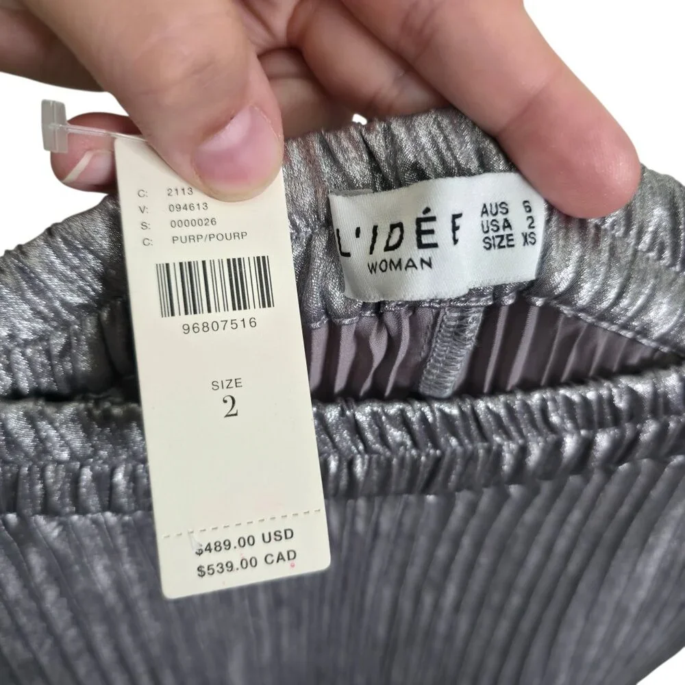 L'idee‎ Fantasia Dress Silver Grey Pleated Strapless Metallic Shift Gown Size 2